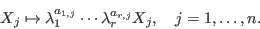 \begin{displaymath}X_j \mapsto \lambda_1^{a_{1,j}} \cdots \lambda_r^{a_{r,j}}X_j,
\quad j=1,\ldots,n.\end{displaymath}